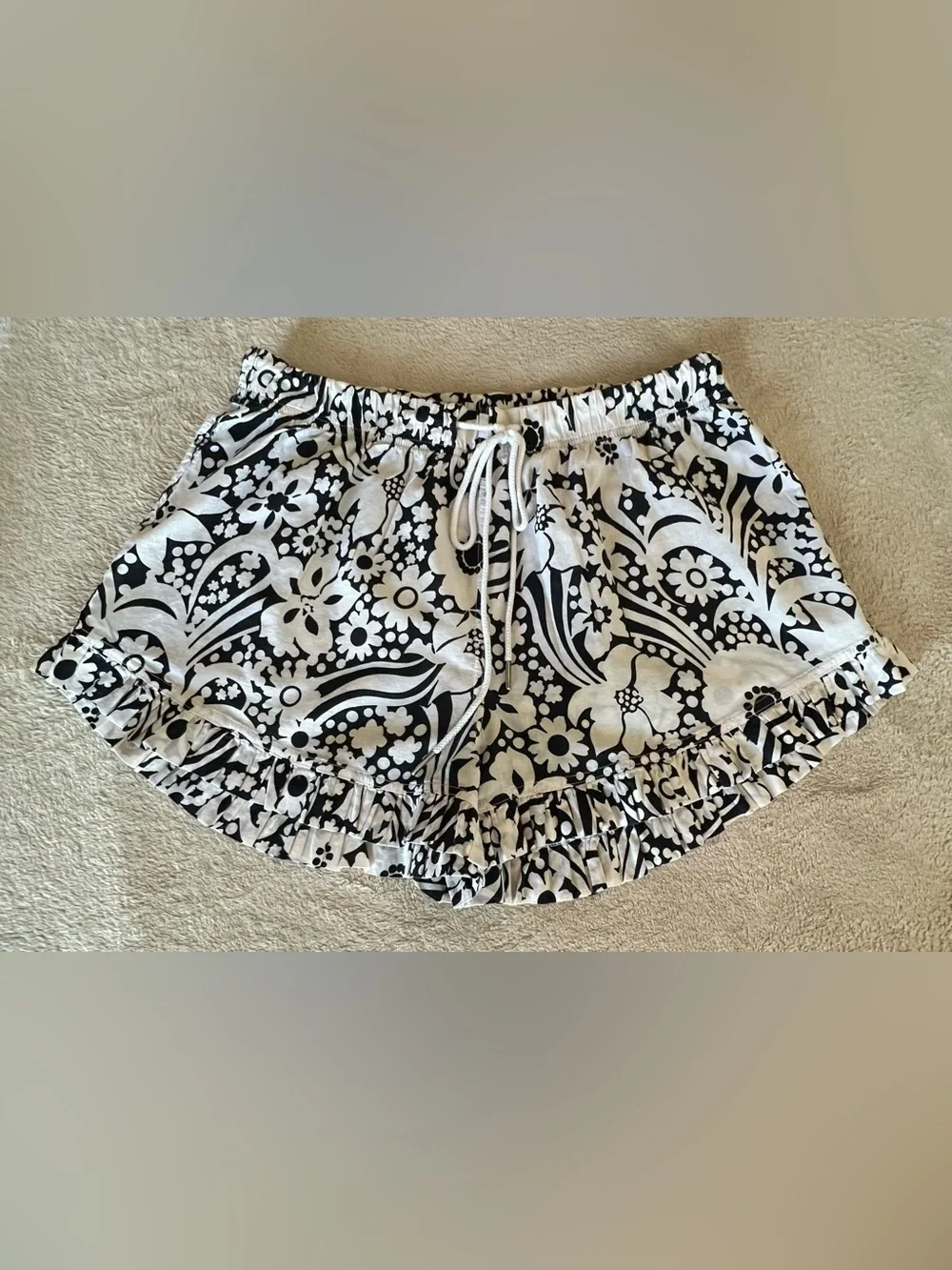 Free People Intimately Black & White Floral Ruffle Drawstring High Waist Shorts
